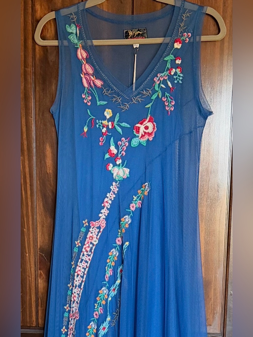 **Johnny Was** Mazzy Bias Blue Maxi Dress Featuring Floral Embroidery